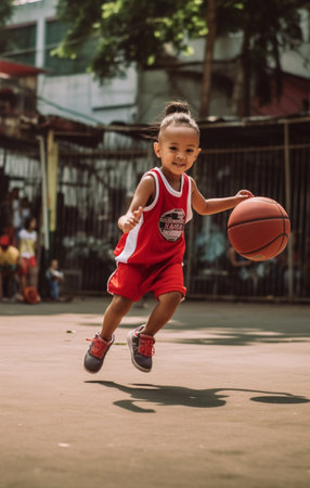 Adorable playing baby with basketball over picture Ai generated artの素材