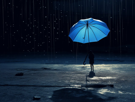 A blue umbrella street weather view photography AI Generated Imageの素材
