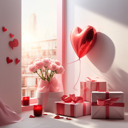 3d valentine love studio gifts box and balloon decor photography AI Generated Imageの素材