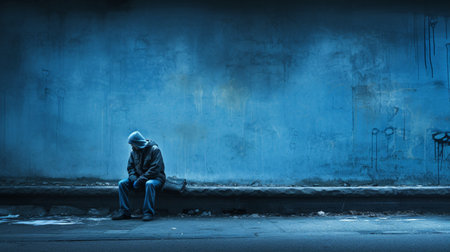 A lonely depressed person sitting bench blue monday background AI Generated Imageの素材