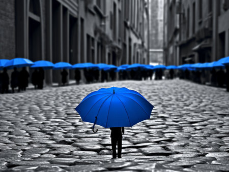 A blue umbrella street weather view photography AI Generated Imageの素材