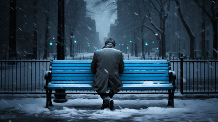 A lonely depressed person sitting bench blue monday background AI Generated Imageの素材