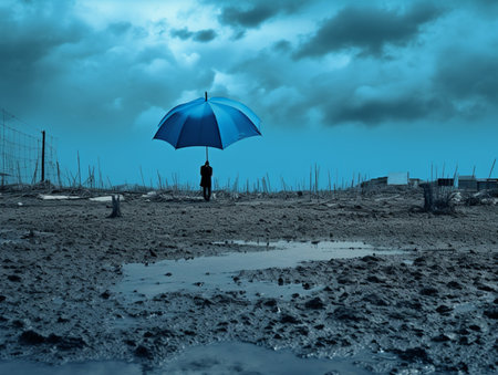 A blue umbrella street weather view photography AI Generated Imageの素材