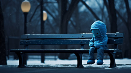 A lonely depressed person sitting bench blue monday background AI Generated Imageの素材
