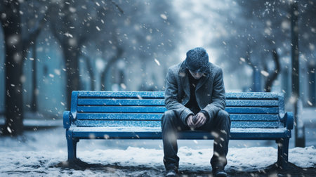 A lonely depressed person sitting bench blue monday background AI Generated Imageの素材