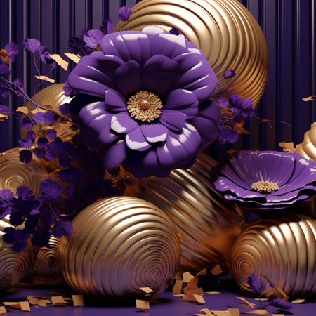 3d purple flowers and gold studio objects pictures AI Generated Imageの素材