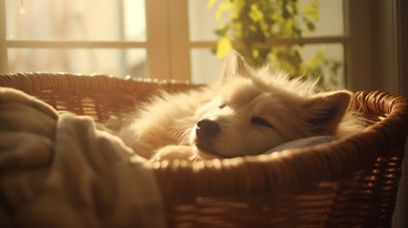Beautiful pet dog sleeping in wicker basket pictures AI Generated Artの素材