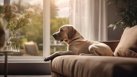 Cute labrador dog sitting living room sofa pictures AI Generated artの素材
