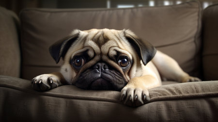 Cute sleepy pug breed dog lying on sofa set picture AI Generated artの素材