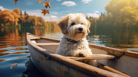 Cute dog sitting boat in canoe river water picture AI Generated artの素材