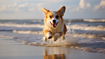 Cute corgi dog running on the sea beach wallpaper AI Generated artの素材