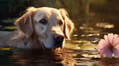 Golden retriever swimming canine lotus pond water picture AI Generated artの素材