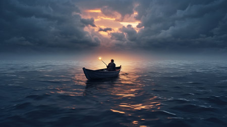 Alone man riding boat in the ocean water wallpaper AI Generated artの素材