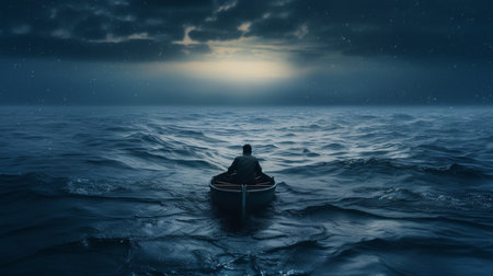 Alone man riding boat in the ocean water wallpaper AI Generated artの素材