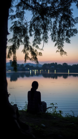 Alone girl sitting lakeside evening nature wallpaper AI Generated artの素材