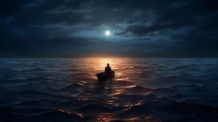 Alone man riding boat in the ocean water wallpaper AI Generated artの素材