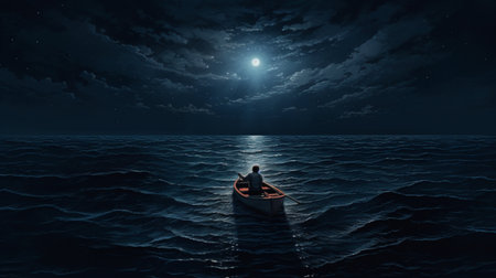 Alone man riding boat in the ocean water wallpaper AI Generated artの素材