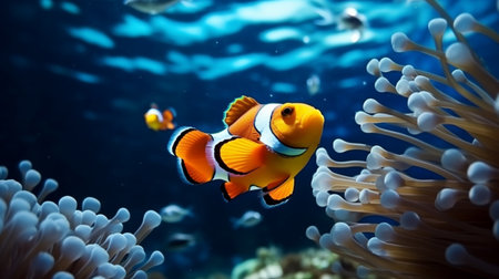 Anemone fish swimming blue ocean underwater picture AI Generated Imageの素材