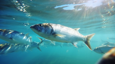 Atlantic herring fish swimming sea underwater image AI Generated Imageの素材