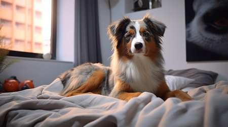Australian shepherd dog lying on bedroom picture AI Generated artの素材