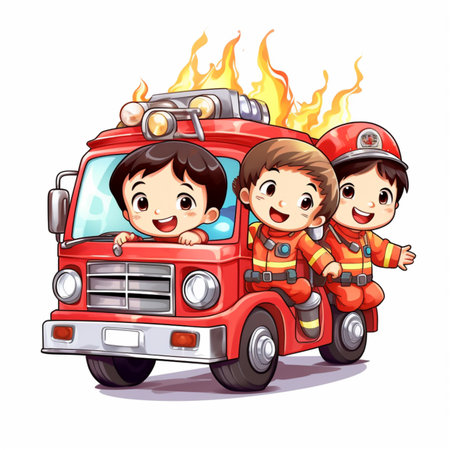 Baby cartoon kids firefighter riding fire truck picture AI Generated artの素材