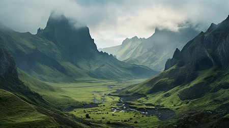 Beautiful green mountain landscape with cloudy scenery wallpaper AI Generated Imageの素材