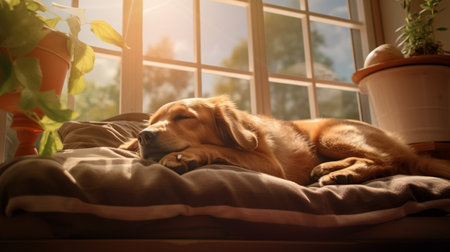 Beautiful pet dog sleeping in wicker basket pictures AI Generated Artの素材