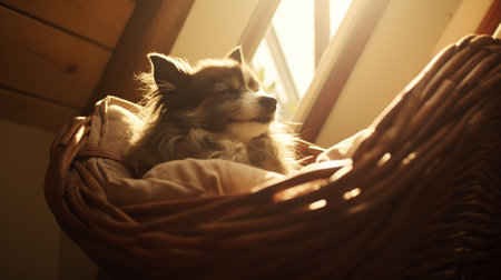 Beautiful pet dog sleeping in wicker basket pictures AI Generated Artの素材