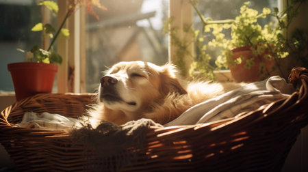 Beautiful pet dog sleeping in wicker basket pictures AI Generated Artの素材