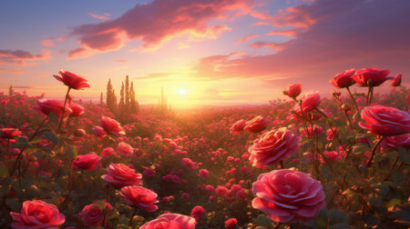 Beautiful red rose field landscape sunset illustration AI Generated Imageの素材