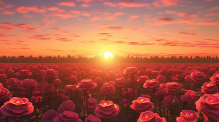 Beautiful red rose field landscape sunset illustration AI Generated Imageの素材