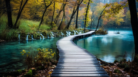 Beautiful wooden path trail waterfall landscape wallpaper AI Generated Imageの素材