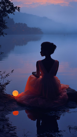 Beautiful woman sitting lakeside sunset scene picture AI Generated artの素材