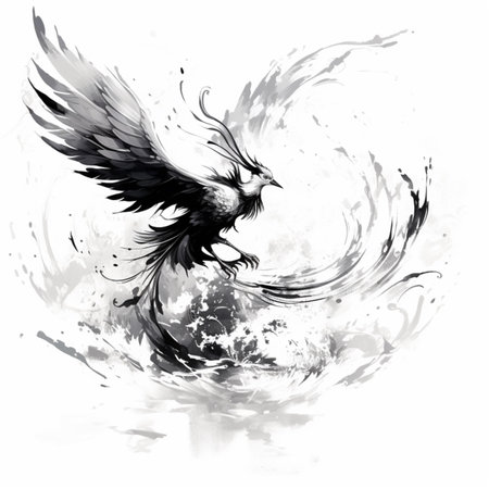 Black phoenix bird watercolor painting white background AI Generated Imageの素材