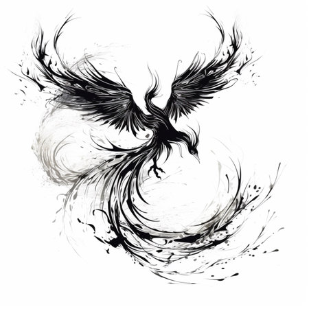 Black phoenix bird watercolor painting white background AI Generated Imageの素材