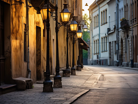 Christmas decor town streets night old lamps pictures AI Generated Imageの素材