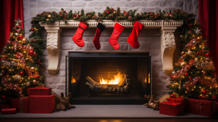 Christmas festival room decor fireplace photography AI Generated Imageの素材