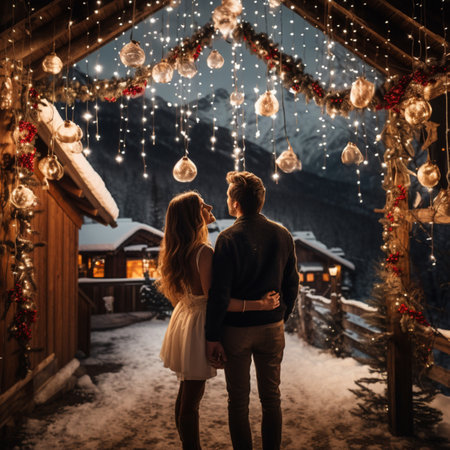 Christmas snowy day happy romantic couple photography AI Generated Imageの素材
