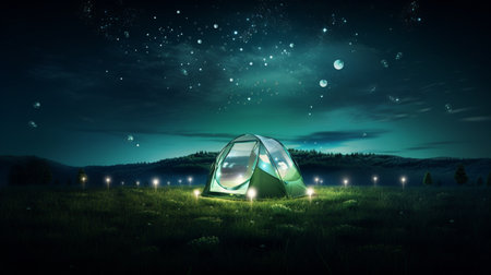 Camping tent outdoor night forest nature landscape illustration AI Generated Imageの素材