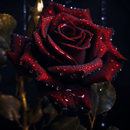 Beautiful dark foggy red rose flower water drops picture AI Generated artの素材