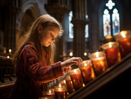Beautiful girl praying burning candles night lighting wallpaper AI Generated Imageの素材
