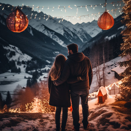 Christmas snowy day happy romantic couple photography AI Generated Imageの素材