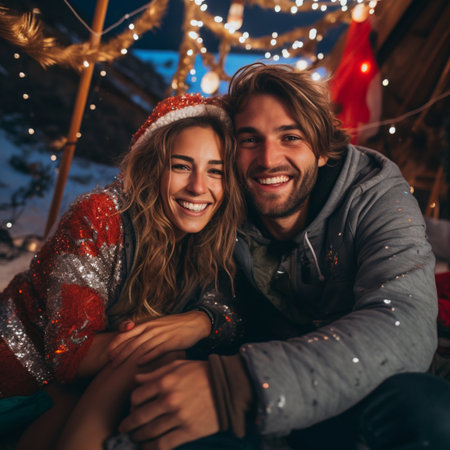 Christmas snowy day happy romantic couple photography AI Generated Imageの素材