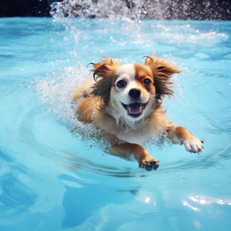 Cute dog swimming sky blue pool water picture AI Generated artの素材