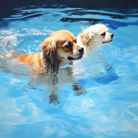 Cute dog swimming sky blue pool water picture AI Generated artの素材