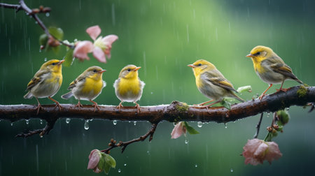Cute group of little birds sitting rain tree branch photography AI Generated Imageの素材