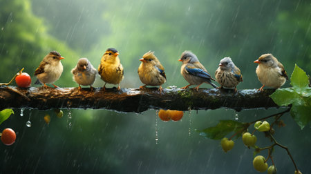 Cute group of little birds sitting rain tree branch photography AI Generated Imageの素材