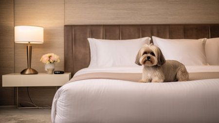 Cute lhasa apso dog rest lying on bed picture AI Generated artの素材