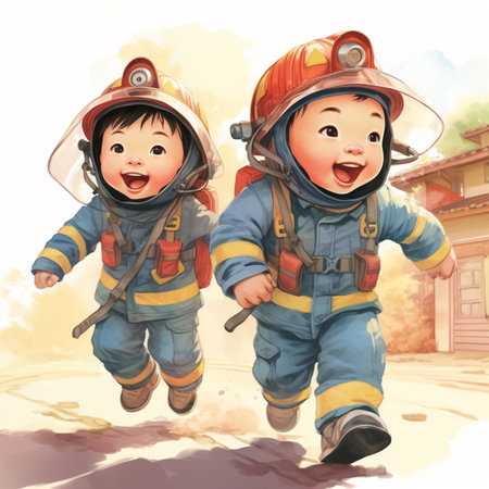 Cute two cartoon child firefighter man running illustration AI Generated artの素材