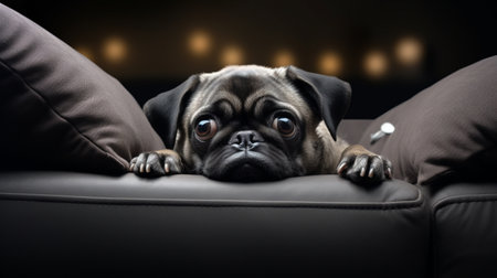 Cute sleepy pug breed dog lying on sofa set picture AI Generated artの素材